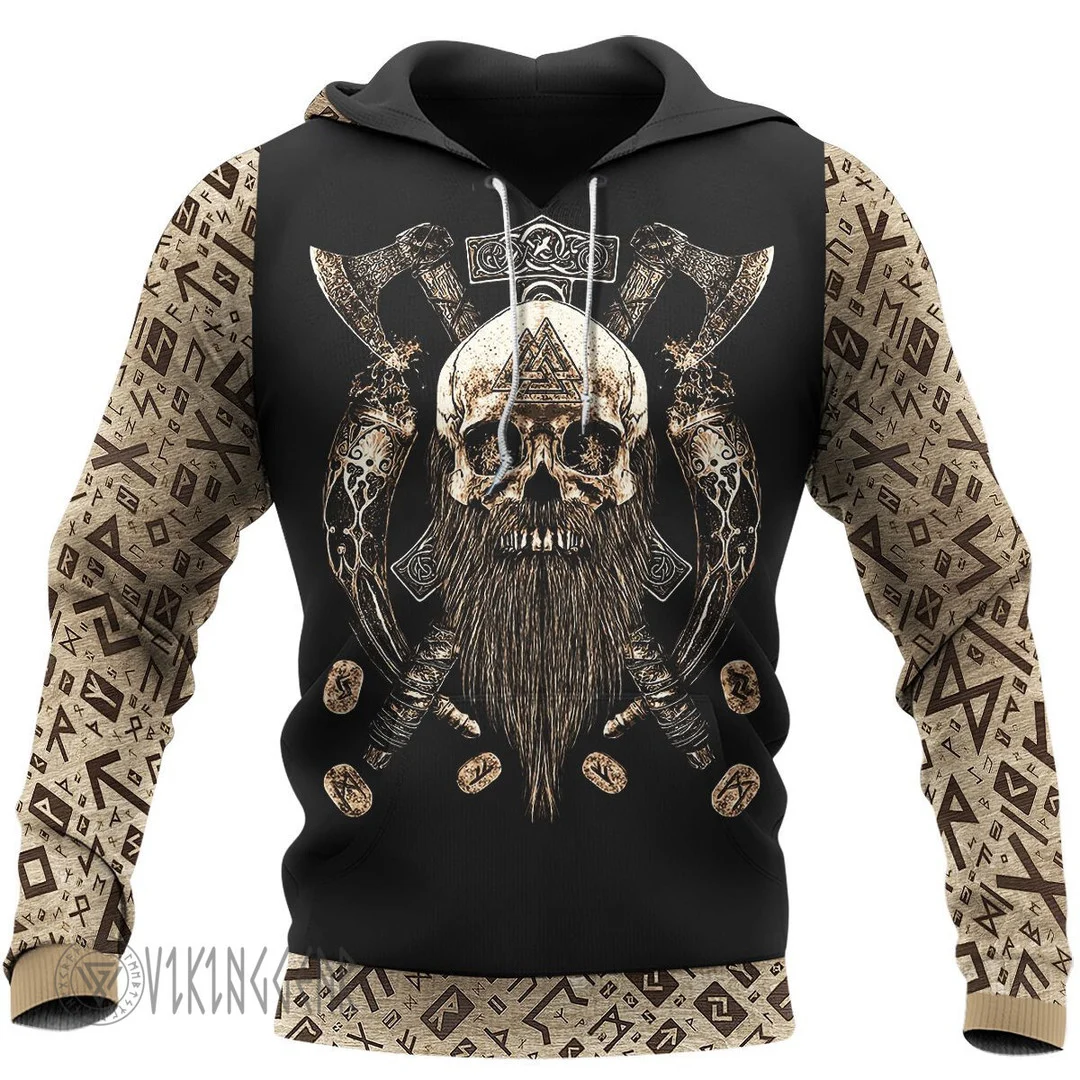 Theonederland - Beard Skull Valhalla Viking Hoodie With Vintage Style