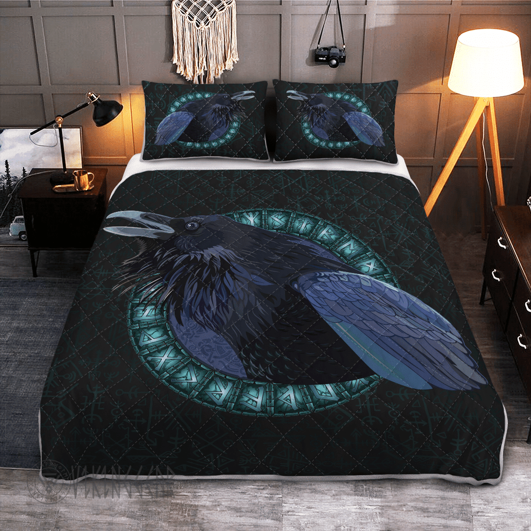 Theonederland - Black Crow In A Circle Of Shining Runes Viking Quilt Set