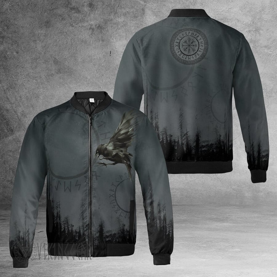 Theonederland - Black Raven of Odin Flying Painting Viking Bomber Jacket - Image 3