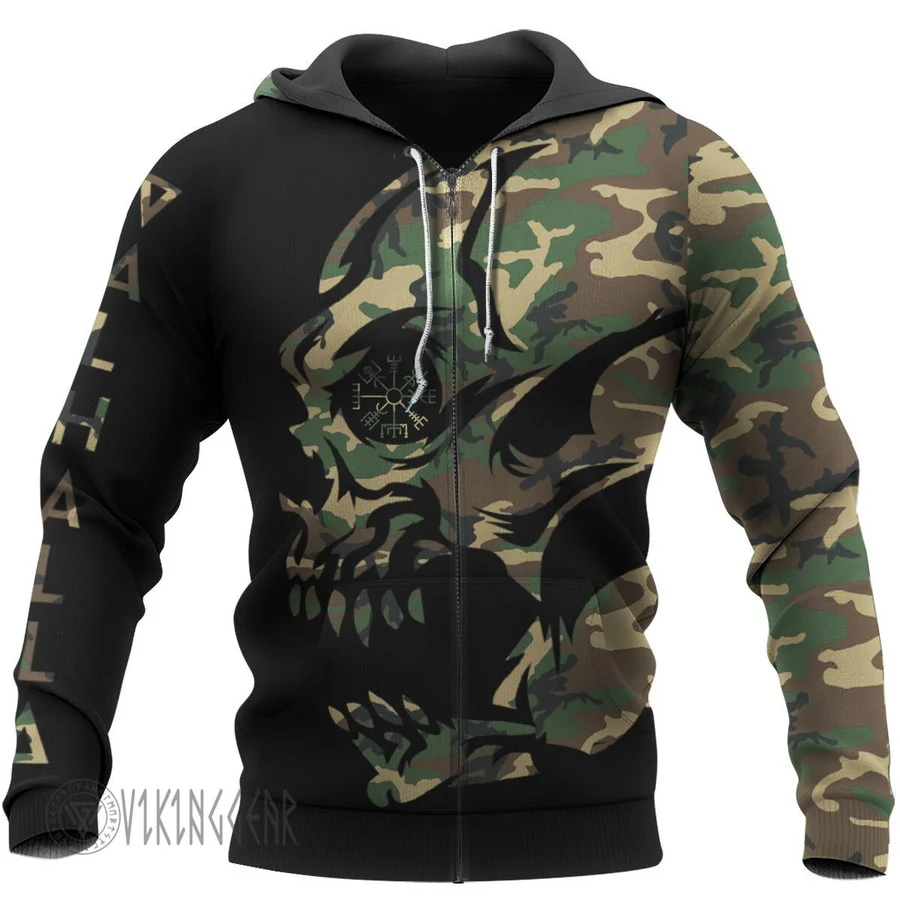 Theonederland - Camo Skull Vegvisir Viking Hoodie - Image 3