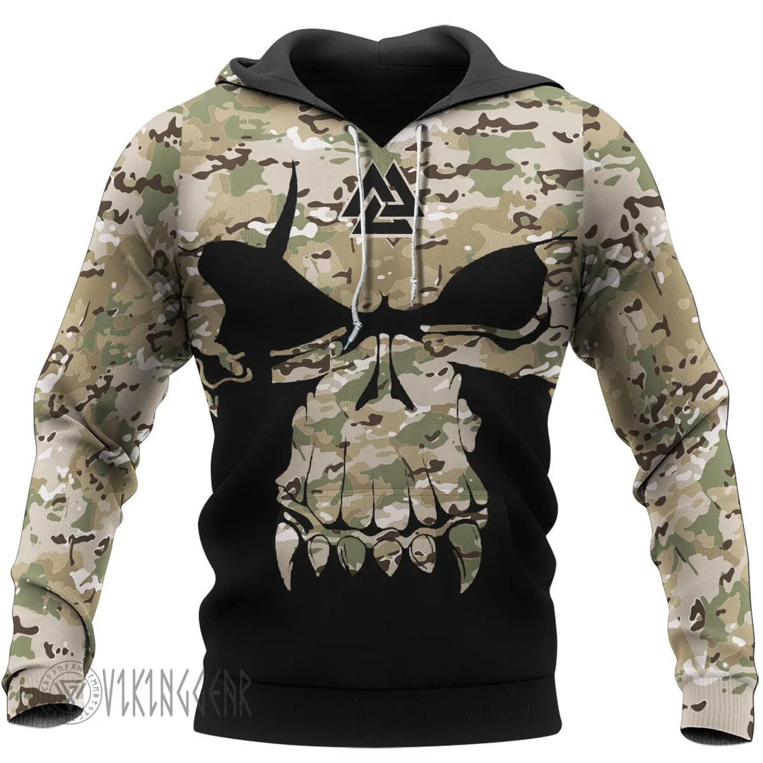 Theonederland - Camouflage Valknut Skull Viking Hoodie For Warrior