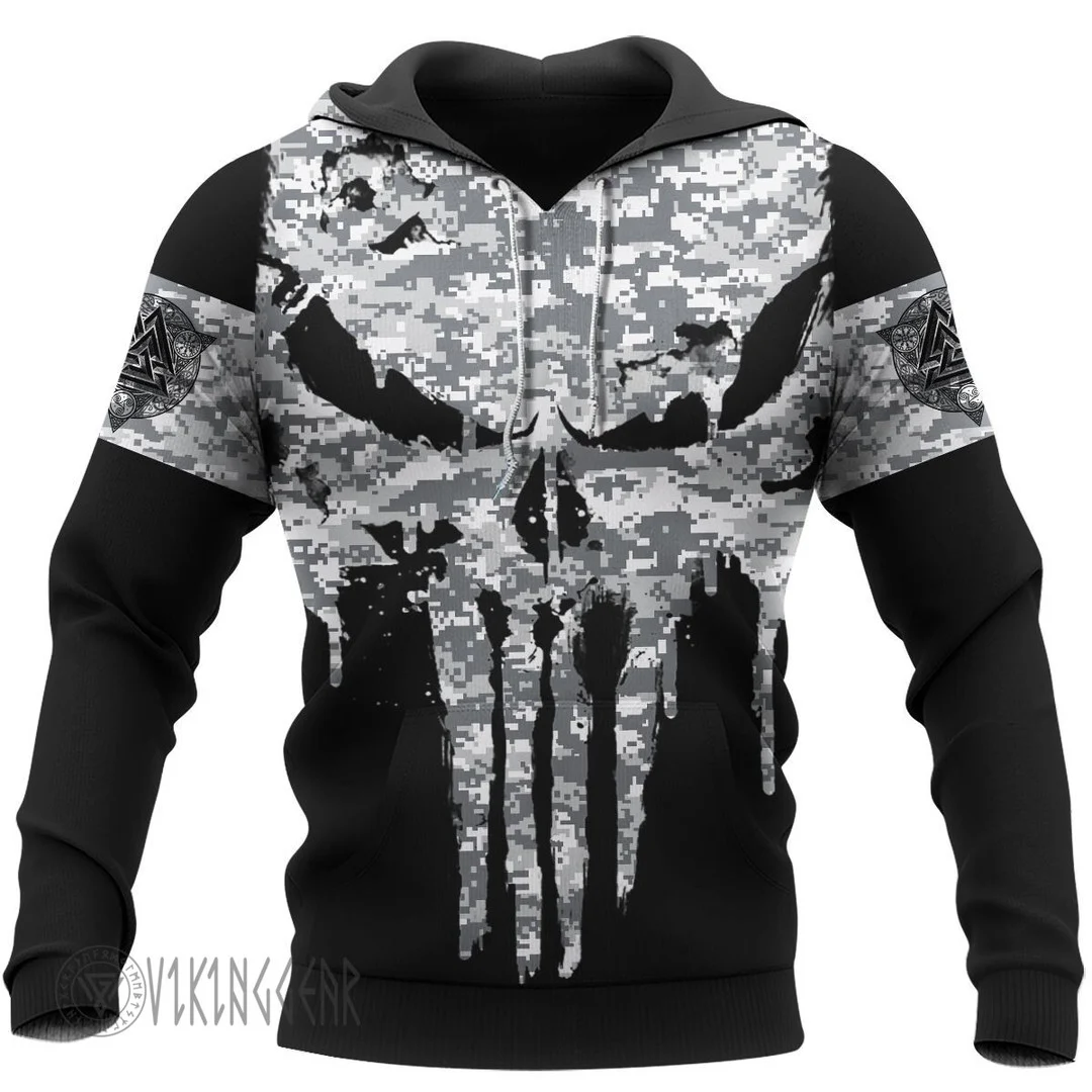 Theonederland - Dripping Skull Camo Viking Hoodie Distressed Style