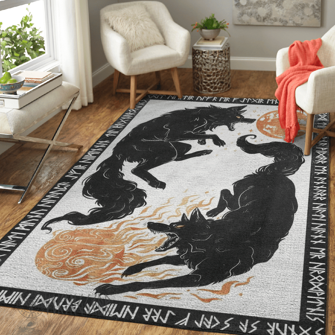 Theonederland - Fenrir Skoll and Hati Rune Viking Area Rug Painting Art