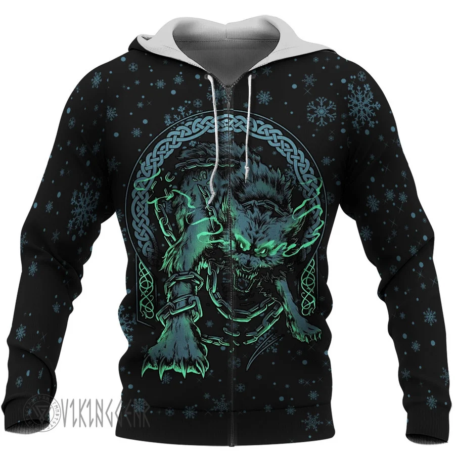 Theonederland - Fenrir Vegvisir Viking Hoodie With Snowflakes - Image 3