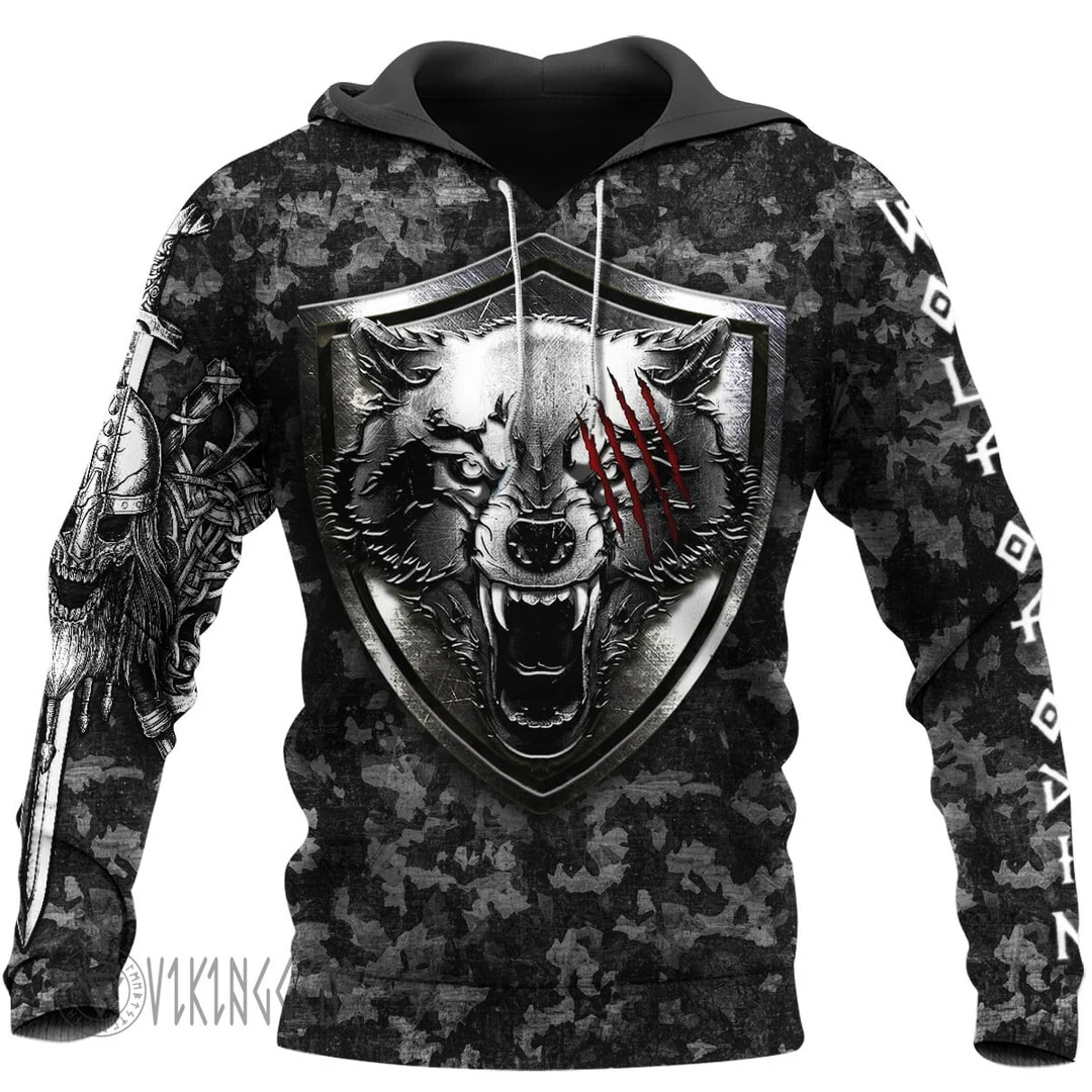 Theonederland - Fenrir Wolf And Hammer Viking Hoodie Strong Camouflage