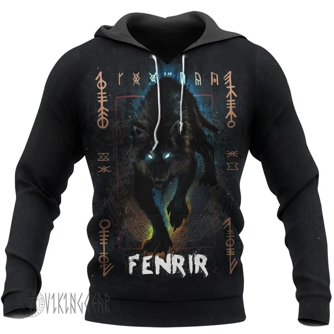Theonederland - Fenrir Wolf And Odin Design On Viking Hoodie
