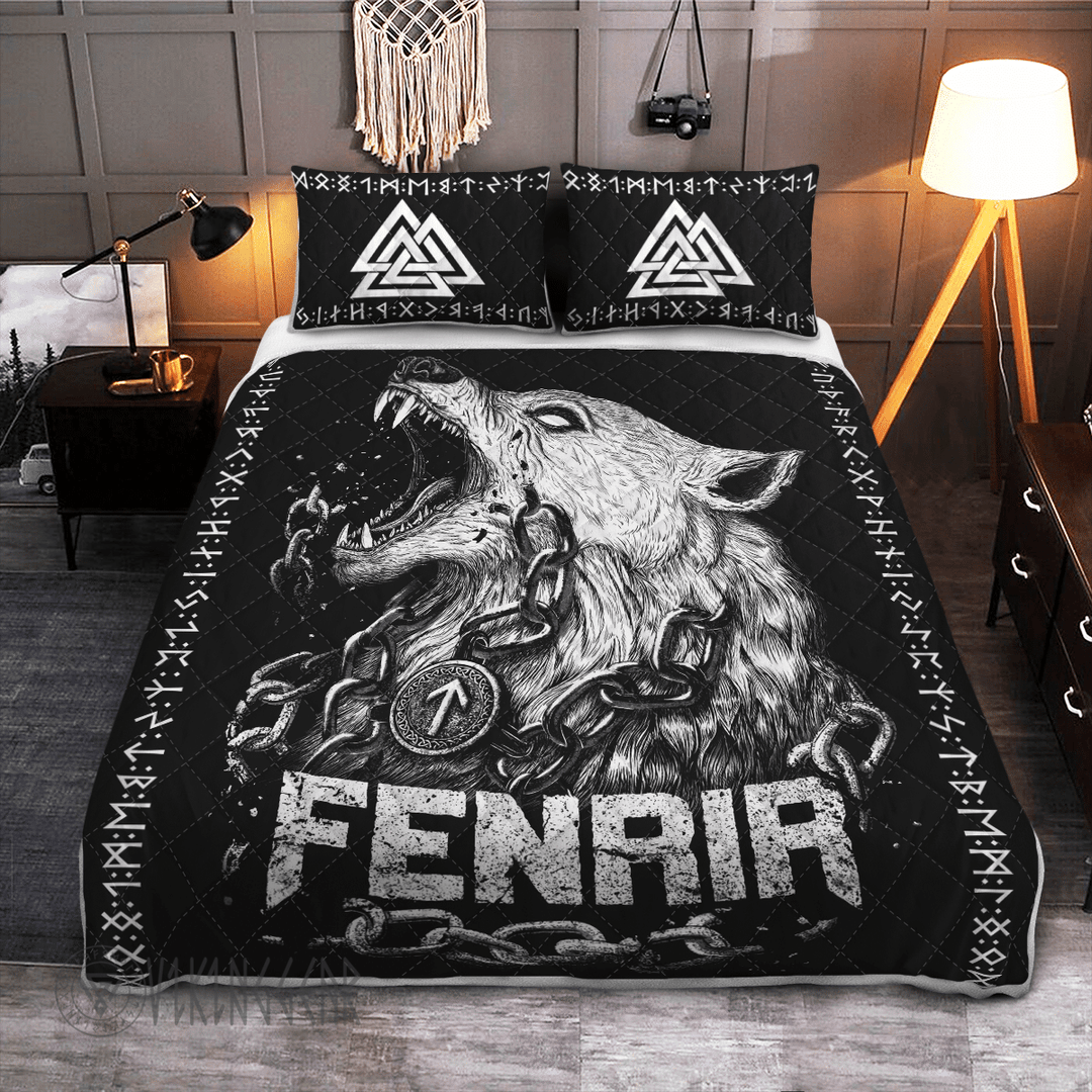 Theonederland - Fenrir Wolf And Valknut Viking Quilt Set