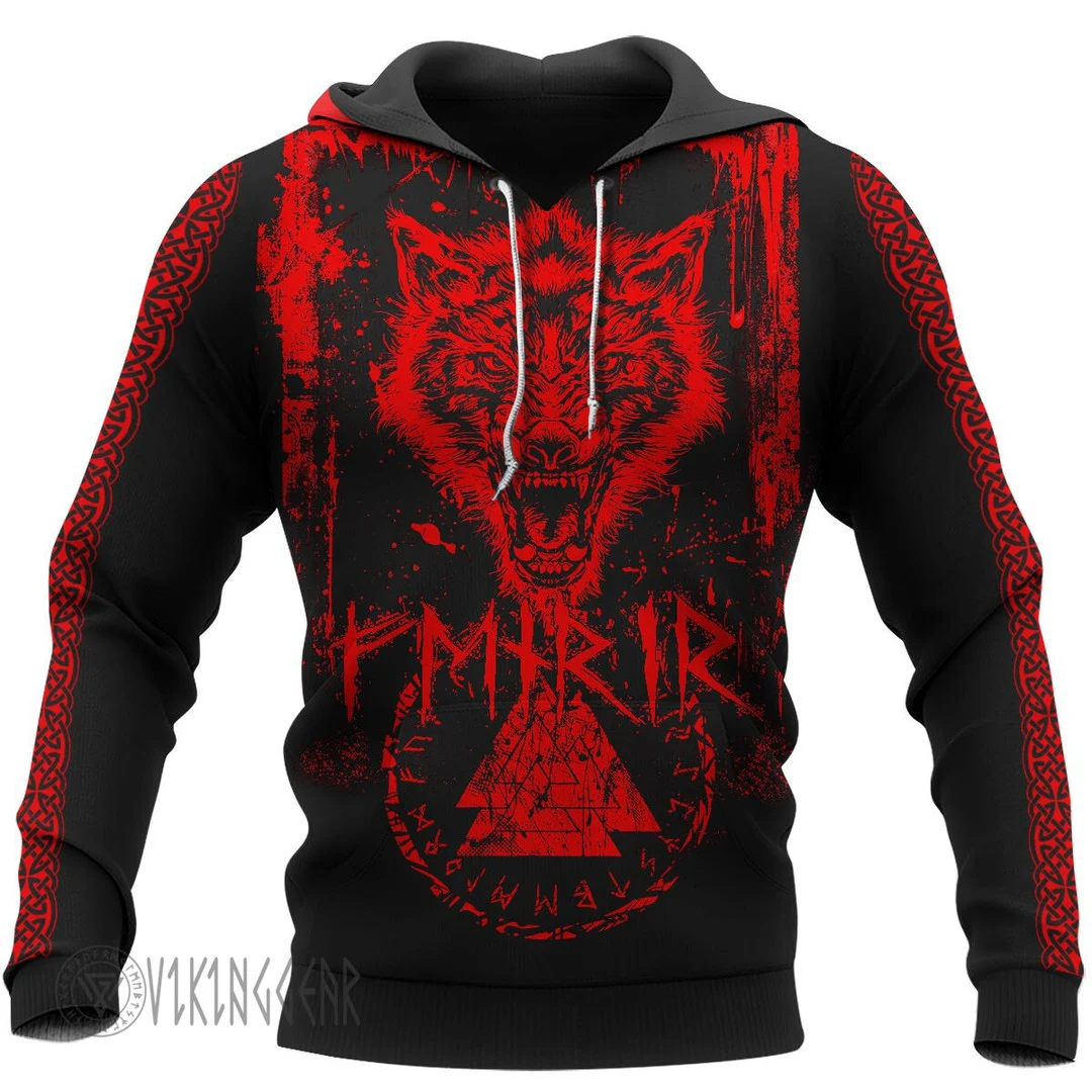 Theonederland - Fenrir Wolf Red Design - Strength and Assertiveness Viking Hoodie