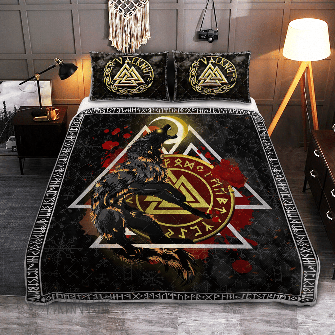 Theonederland - Fenrir Wolf Valknut Graphic Viking Quilt Set