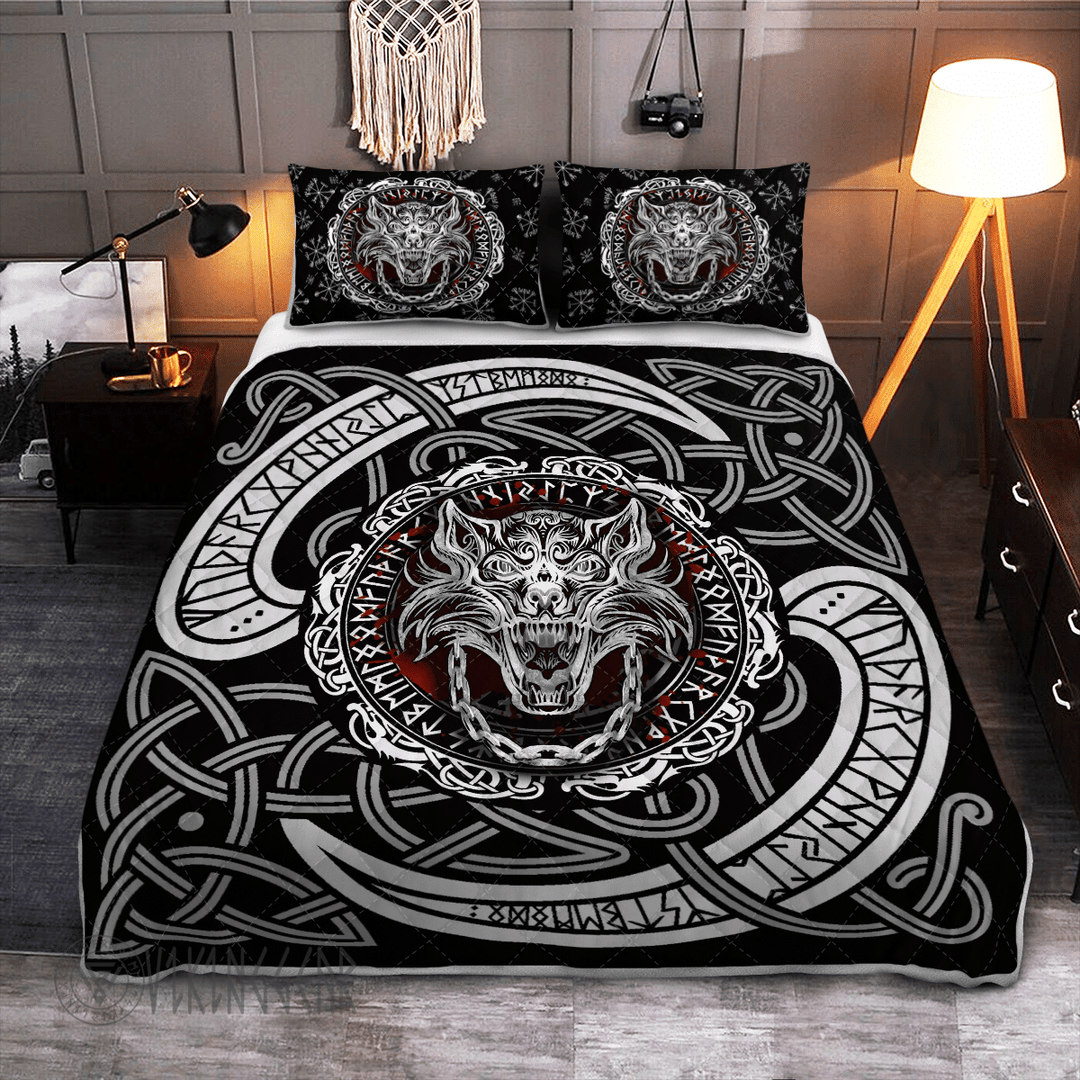 Theonederland - Fenrir Wolf With Norse Pattern Viking Quilt Set