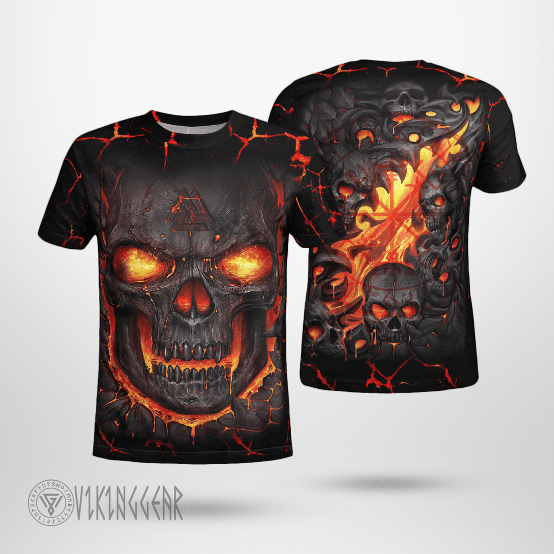 Theonederland - Flaming Occult Skull Valknut Viking T-Shirt