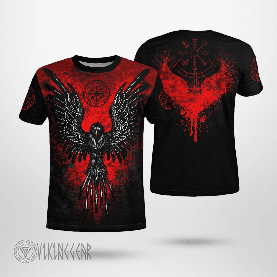 Theonederland - Flaming Raven And Vegvisir Viking T-Shirt