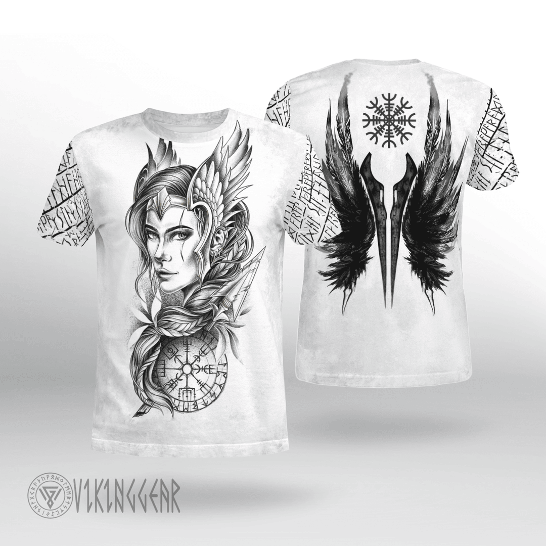 Theonederland - Goddess Freya Vegvisir Viking T-shirt With A Pair Of Wings On Its Back