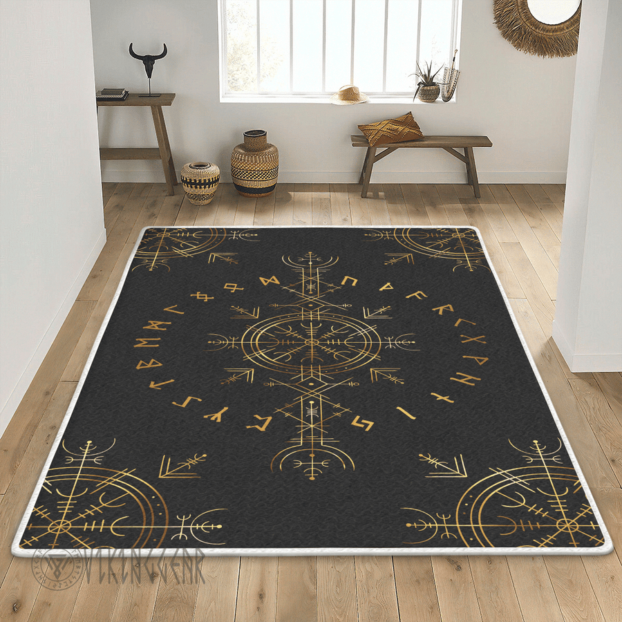 Theonederland - Gold Helm Of Awe And Rune Viking Area Rug - Image 3