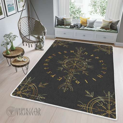 Theonederland - Gold Helm Of Awe And Rune Viking Area Rug - Image 6