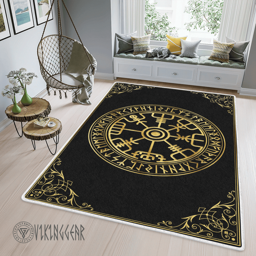 Theonederland - Gold Vegvisir and Rune Viking Area Rug