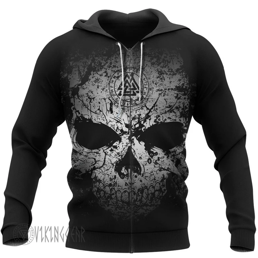 Theonederland - Grunge Skull Valknut Rune Viking Hoodie - Image 3