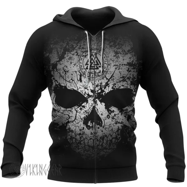 Theonederland - Grunge Skull Valknut Rune Viking Hoodie - Image 5