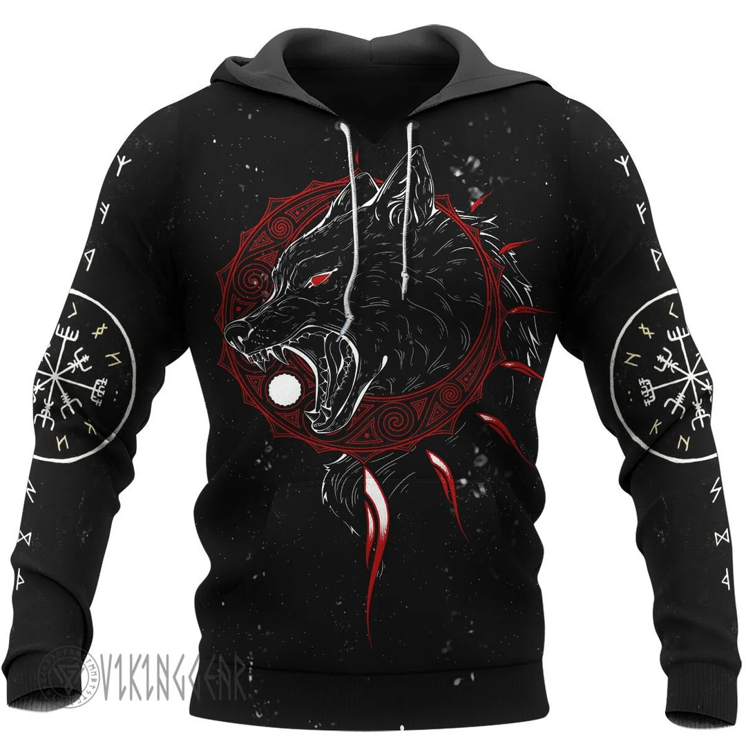 Theonederland - Hati and Skoll Wolf Viking Hoodie For Wolf Lovers