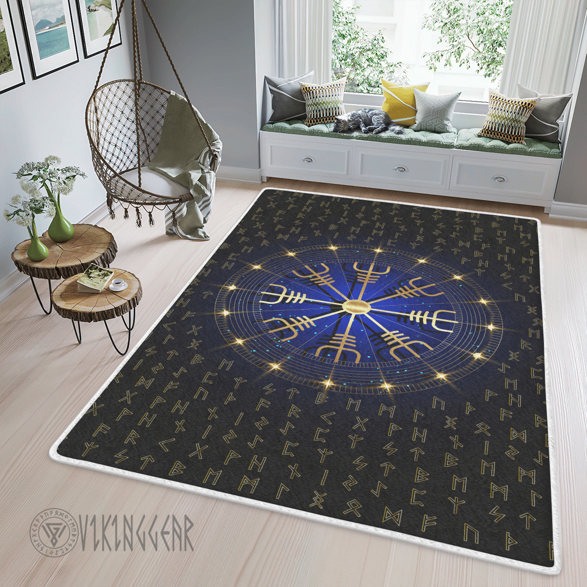 Theonederland - Helm Of Awe And Rune Gold Viking Area Rug