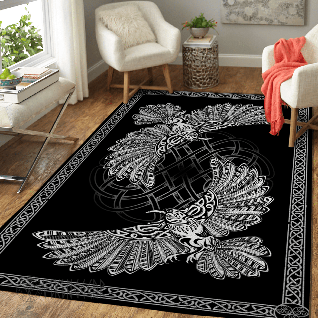 Theonederland - Hugin And Munin With Norse Frame Viking Area Rug