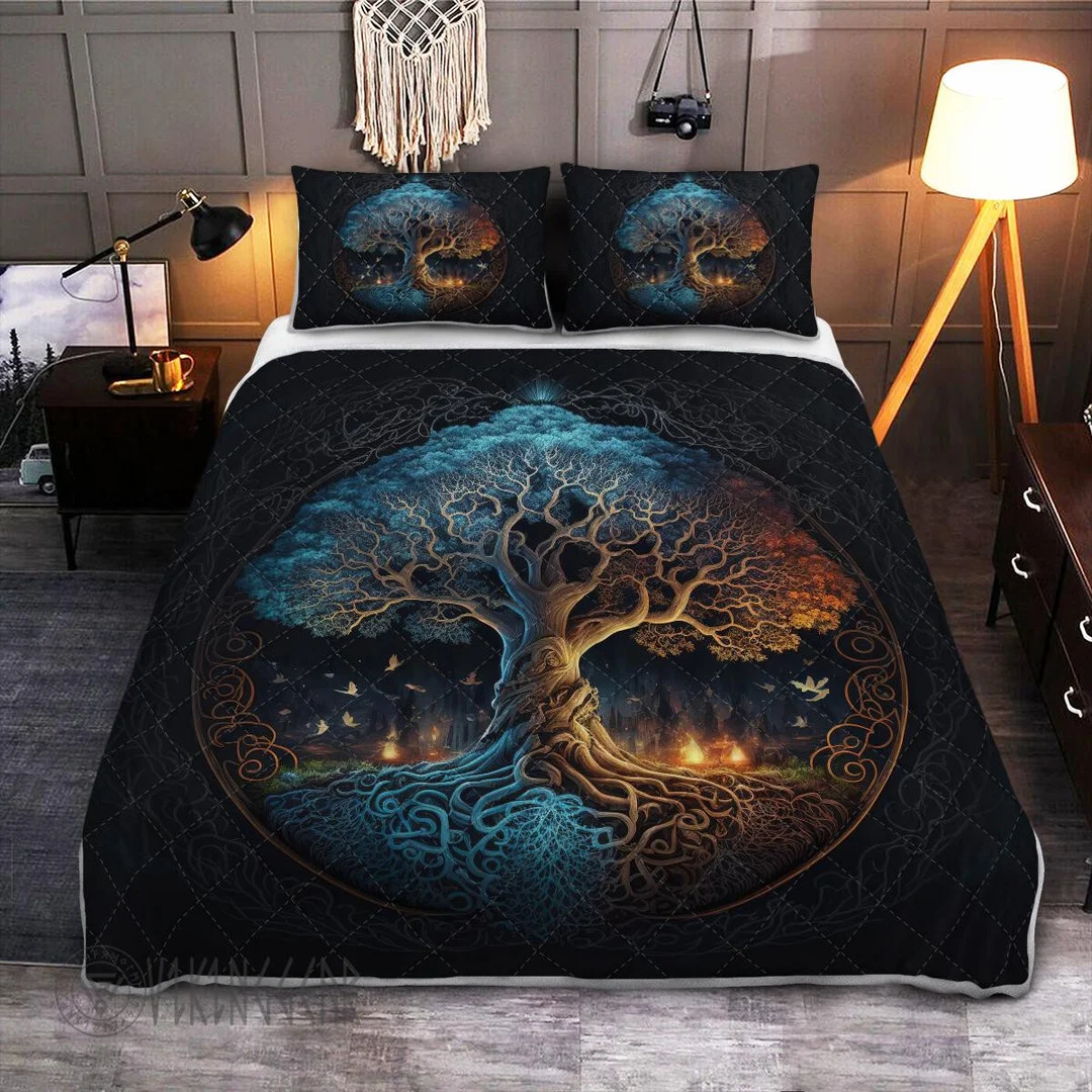 Theonederland - Mythical Retro Tree Of Life Norse Mythology Viking Quilt Set