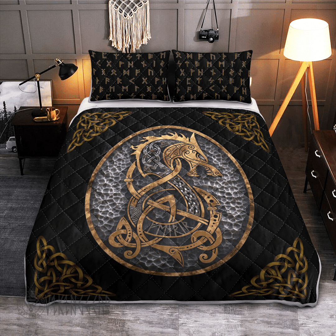 Theonederland - Nordic Fenrir Wolf With Golden Color Viking Quilt Set