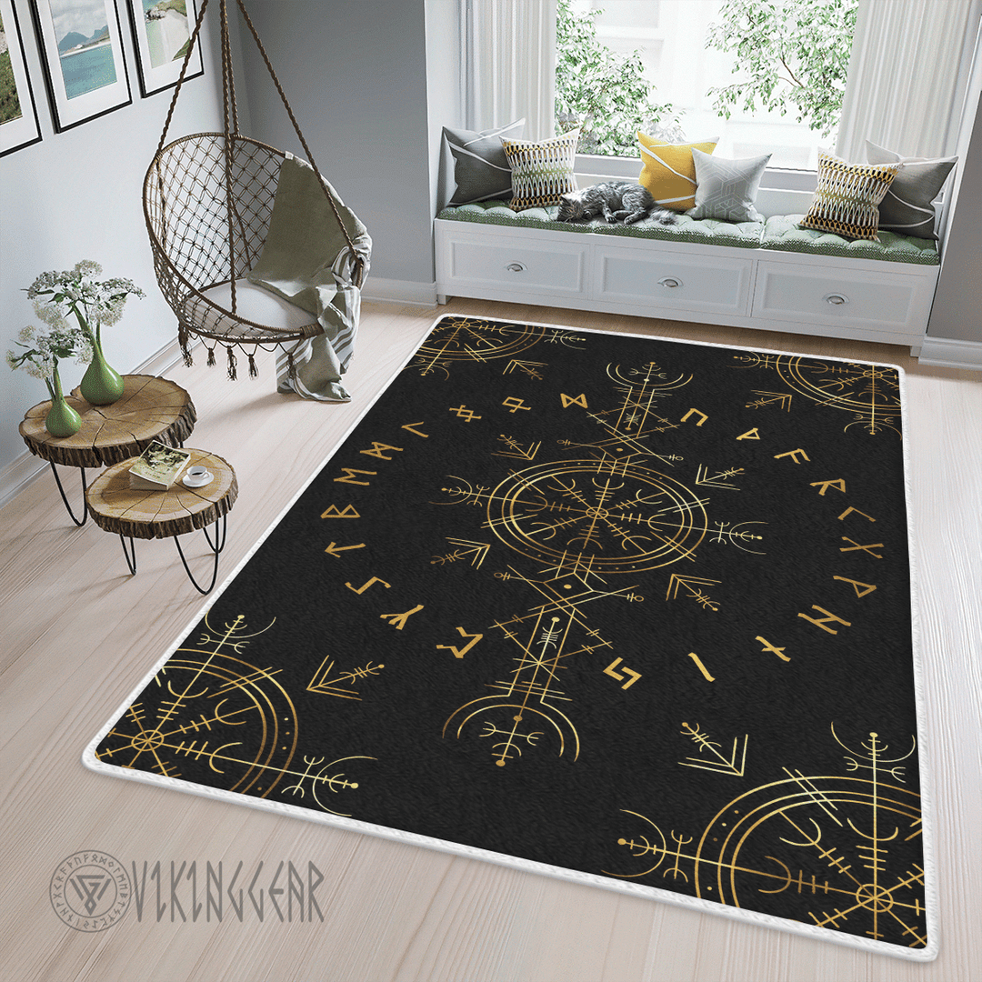 Theonederland - Norse Art Deco Vegvisir Gold Sign Viking Area Rug