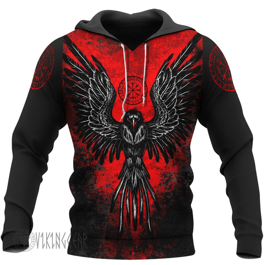 Theonederland - Occult Red Raven Vegvisir Viking Hoodie