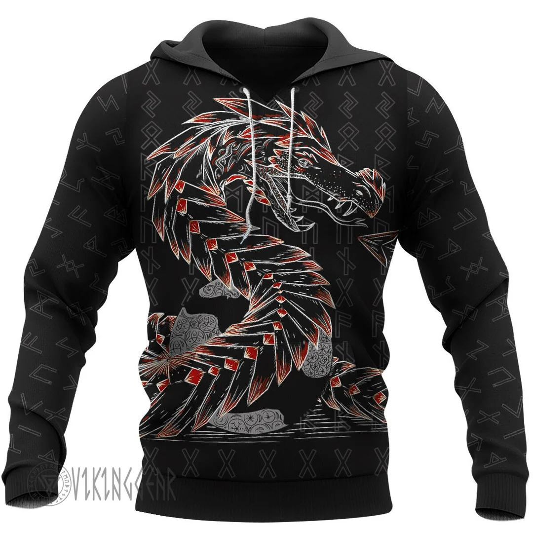 Theonederland - Odin And Jormungandr Red Design Viking Hoodie