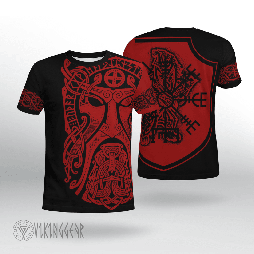 Theonederland - Odin Art And Bear Vegvisir Viking T-shirt With Red Design