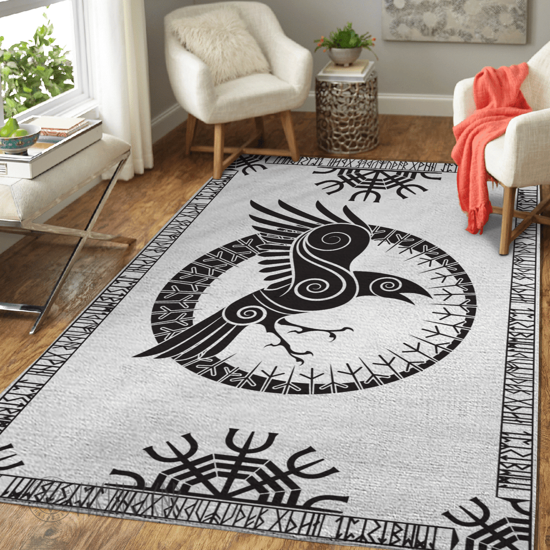 Theonederland - Raven And Rune Black Design On White Viking Area Rug