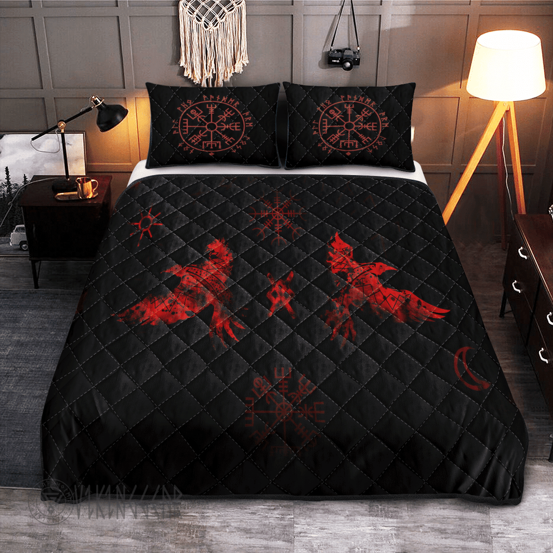 Theonederland - Raven And Rune Viking Quilt Set Red Design