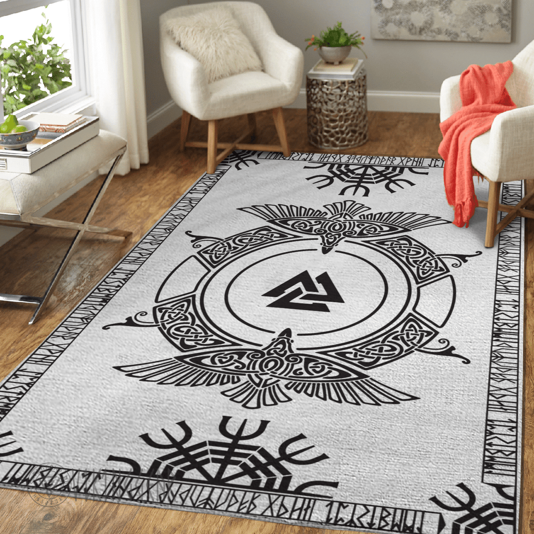 Theonederland - Raven and Runic Black Design On White Viking Area Rug