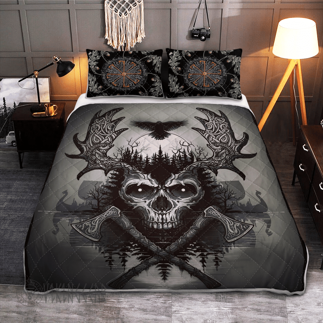 Theonederland - Raven And Skull Axe Viking Quilt Set