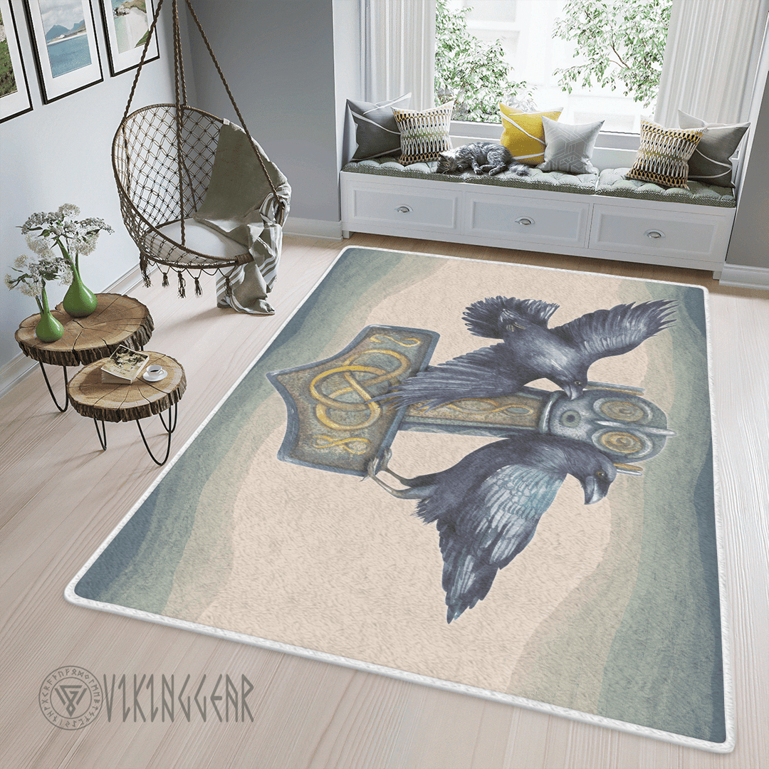Theonederland - Raven And Thors Hammer Mjolnir Painting Viking Area Rug