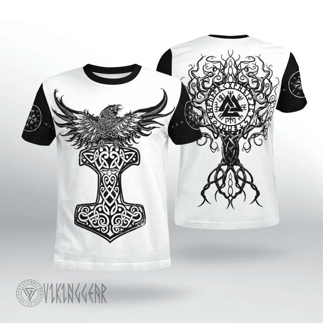 Theonederland - Raven And Tree Of Life Black And White Viking T-shirt