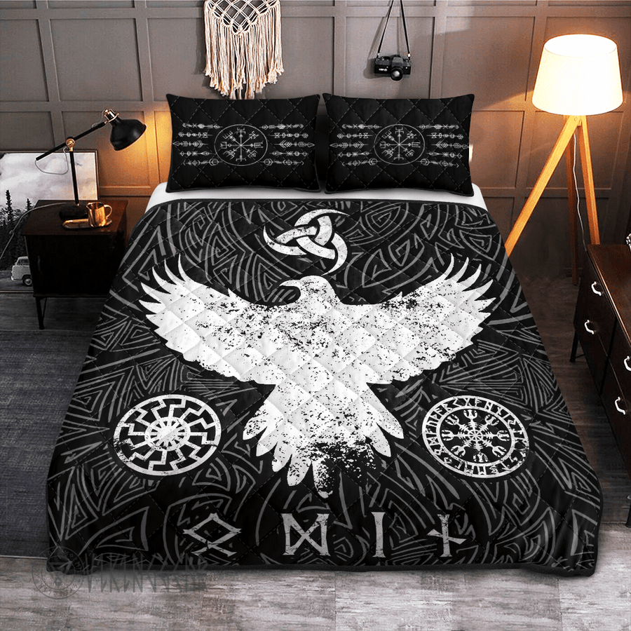 Theonederland - Raven And Vegvisir Symbol Viking Quilt Set
