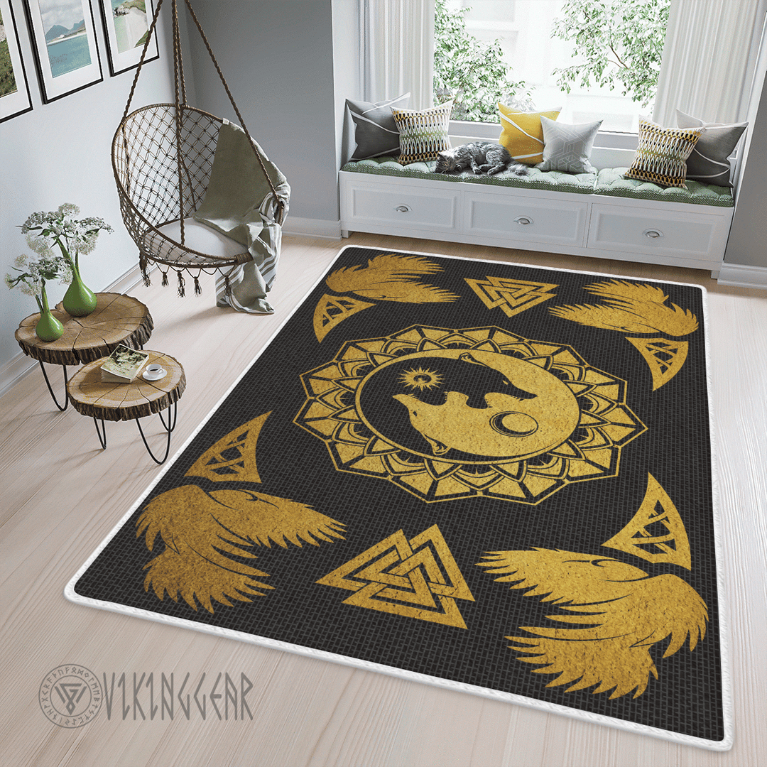 Theonederland - Raven And Ying Yan Wolves Gold Viking Area Rug