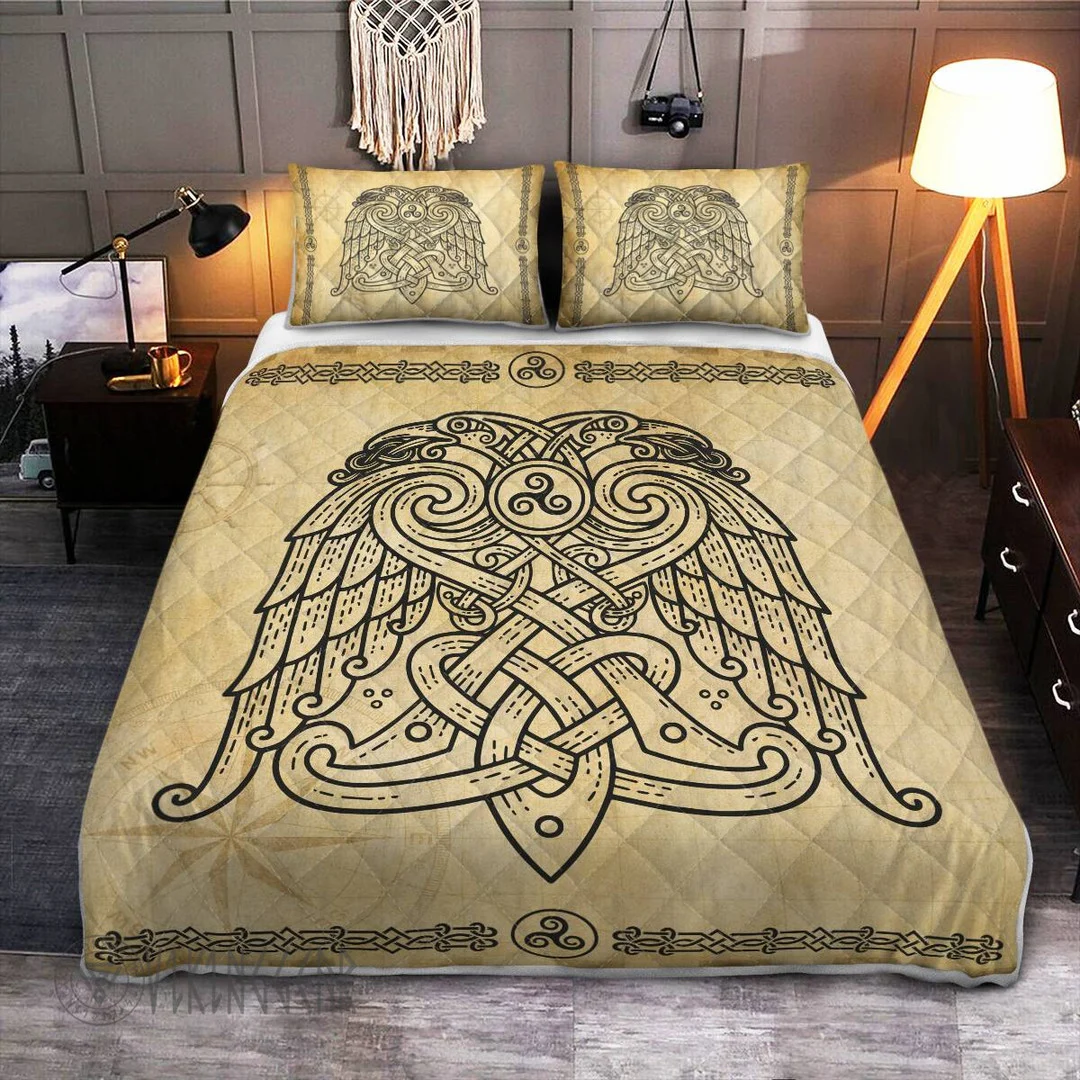 Theonederland - Raven Line Art In Pale Yellow Grunge Background Viking Quilt Set