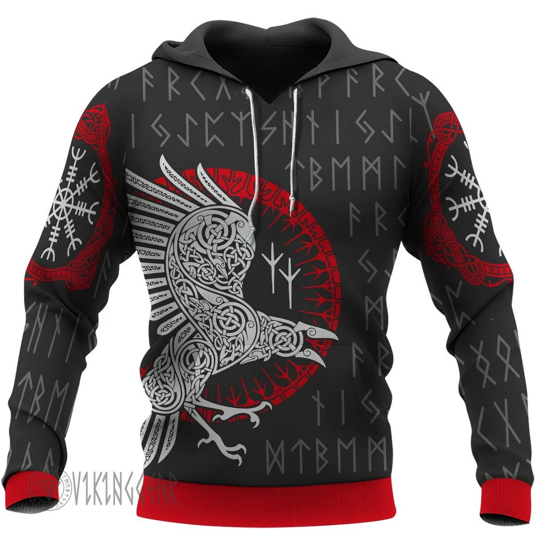 Theonederland - Raven Line Art With Rune Viking Hoodie