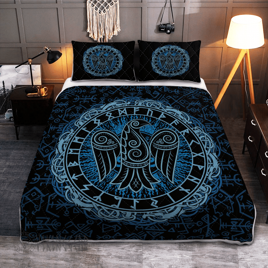 Theonederland - Raven Symbol And Rune Viking Quilt Set