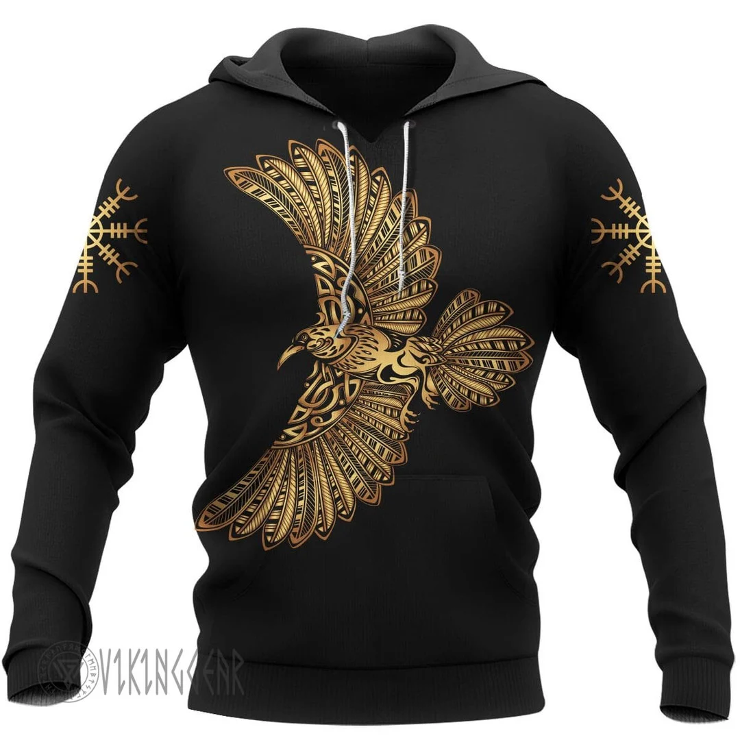 Theonederland - Raven The Helm of Awe Viking Hoodie Golden Design