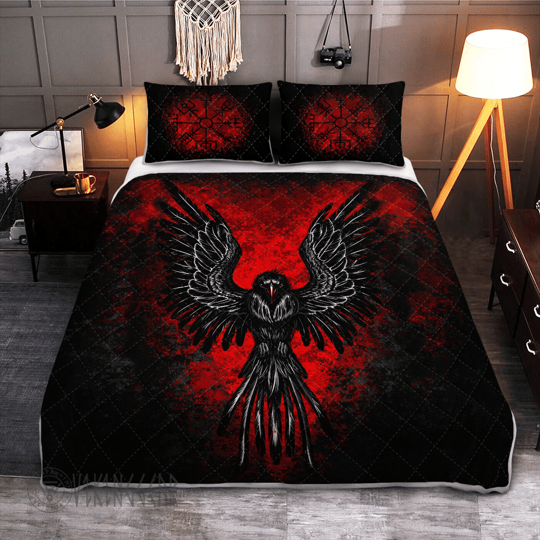 Theonederland - Raven Vegvisir In Fire Viking Quilt Set