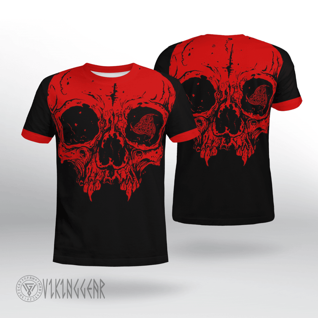 Theonederland - Red Skull Triple Horn Of Odin Viking T-shirt Design