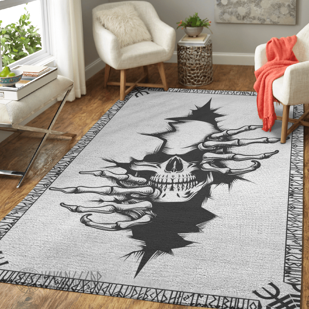 Theonederland - Rune And Skull Black Design Viking Area Rug
