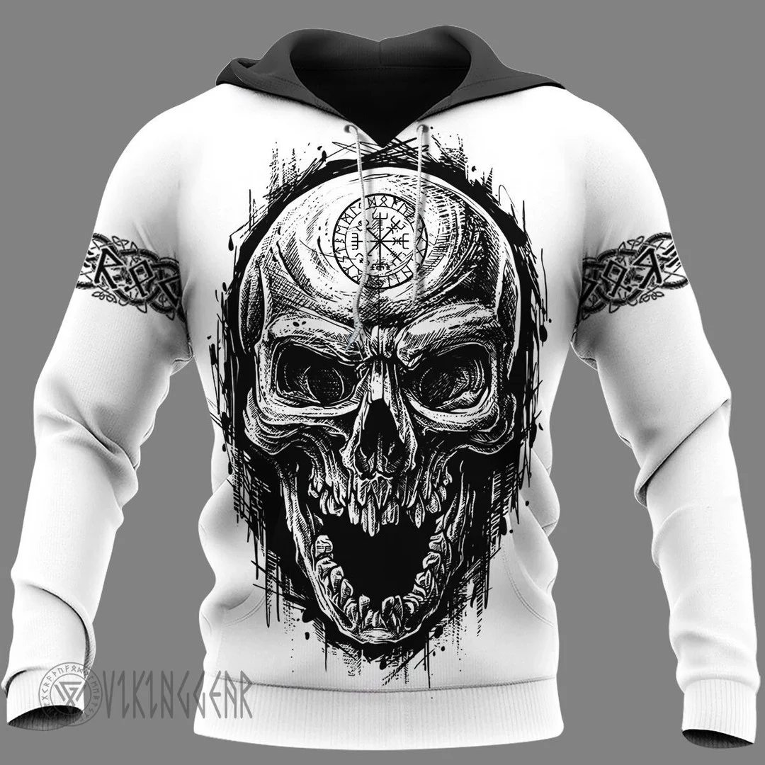 Theonederland - Skull And Axe Tree Of Life Black Design On White Viking Hoodie
