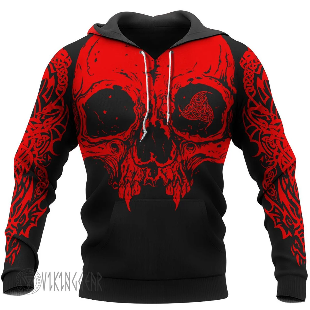 Theonederland - Skull Triple Horn Of Odin Viking Hoodie Red Design