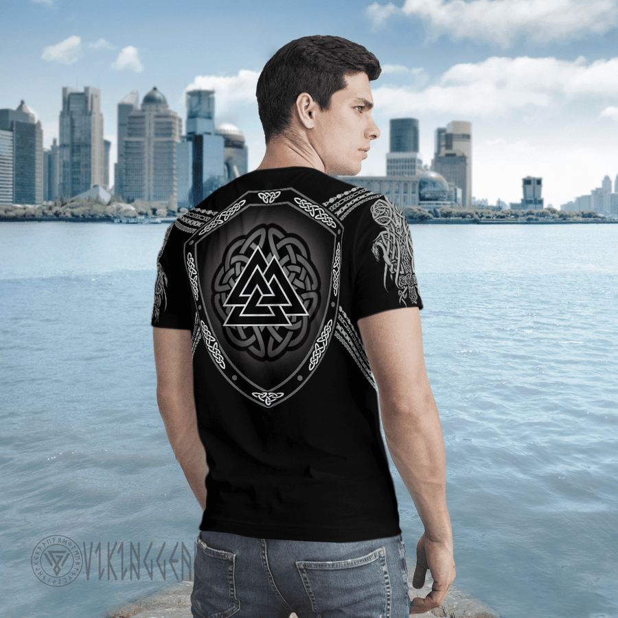 Theonederland - The Binding of Fenrir Valknut Shield Viking T-Shirt - Image 3