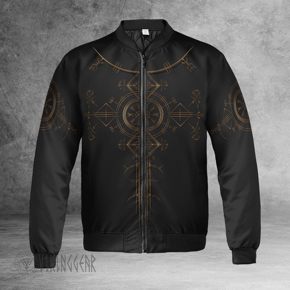 Theonederland - The Helm Of Awe Gold Viking Bomber Jacket Symbol Of Protection And Power